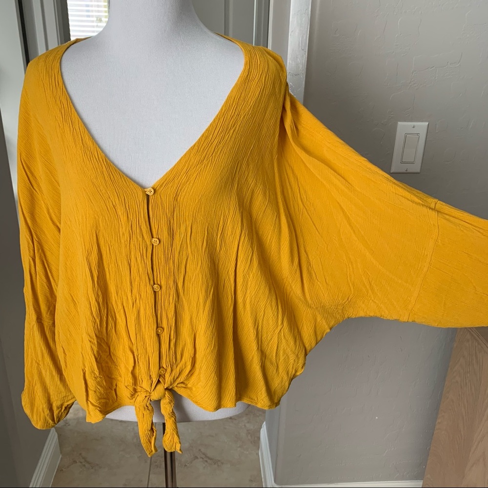 Express Large Mustard long sleeve front tie blouse